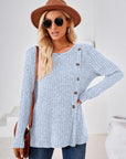 Light Gray Ribbed Buttoned Round Neck Slit T-Shirt