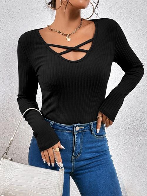 Light Gray Ribbed Crisscross V-Neck Long Sleeve Knit Top