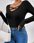 Light Gray Ribbed Crisscross V-Neck Long Sleeve Knit Top