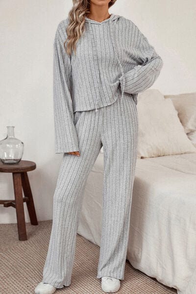 Gray Ribbed Drawstring Hoodie and Pants Lounge Set