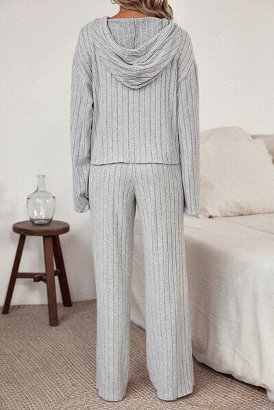 Gray Ribbed Drawstring Hoodie and Pants Lounge Set