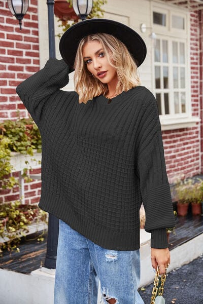 Dark Slate Gray Ribbed Drop Shoulder Lantern Sleeve Sweater