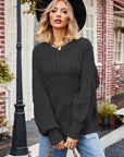 Dark Slate Gray Ribbed Drop Shoulder Lantern Sleeve Sweater