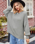 Dark Gray Ribbed Drop Shoulder Lantern Sleeve Sweater