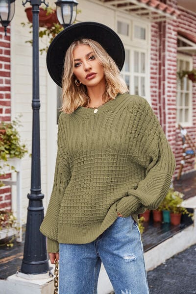 Dim Gray Ribbed Drop Shoulder Lantern Sleeve Sweater