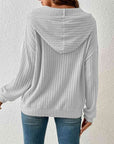 Gray Ribbed Dropped Shoulder Drawstring Hoodie