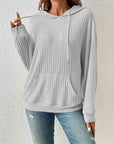 Gray Ribbed Dropped Shoulder Drawstring Hoodie