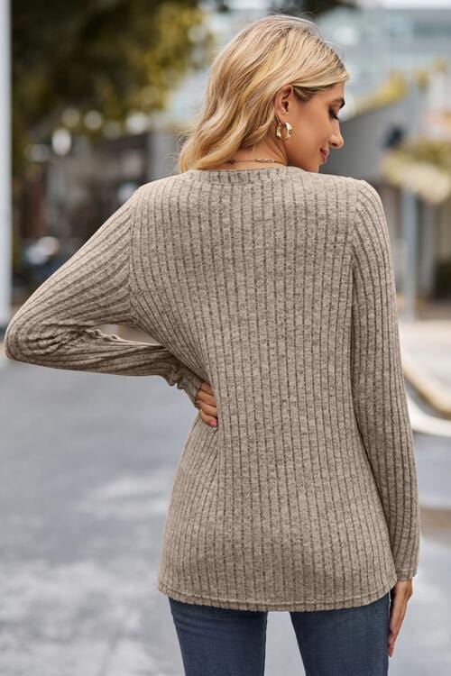 Rosy Brown Ribbed Half Button Long Sleeve Knit Top