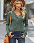 Dark Slate Gray Ribbed Half Button Long Sleeve Knit Top