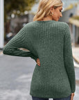 Dark Slate Gray Ribbed Half Button Long Sleeve Knit Top