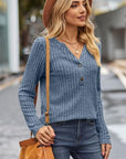 Dim Gray Ribbed Half Button Long Sleeve Knit Top