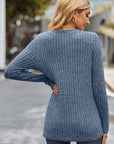 Slate Gray Ribbed Half Button Long Sleeve Knit Top