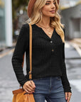 Dark Slate Gray Ribbed Half Button Long Sleeve Knit Top