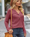 Dim Gray Ribbed Half Button Long Sleeve Knit Top