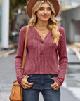 Dim Gray Ribbed Half Button Long Sleeve Knit Top