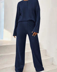 Dark Slate Gray Ribbed Half Button Top and Pants Set