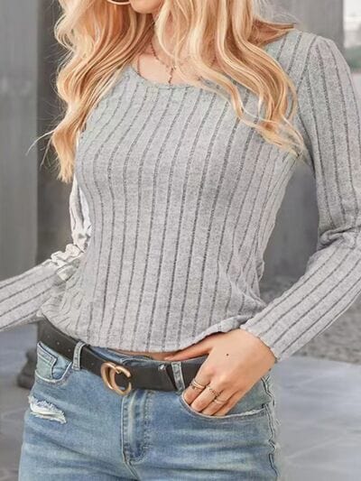 Dark Gray Ribbed Round Neck Long Sleeve Knit Top