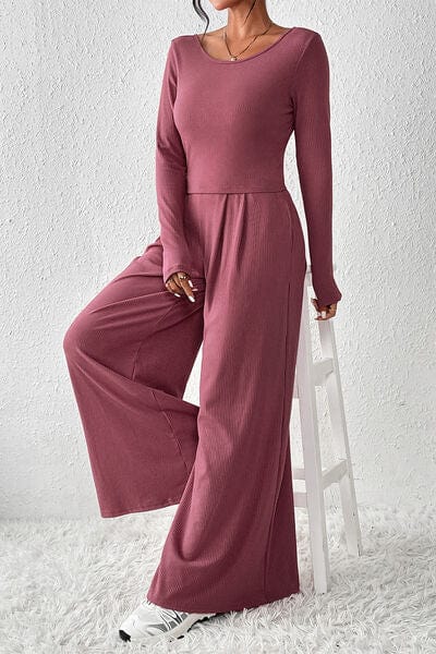 Light Gray Ribbed Round Neck Top and Wide-Leg Pants Set