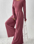 Light Gray Ribbed Round Neck Top and Wide-Leg Pants Set