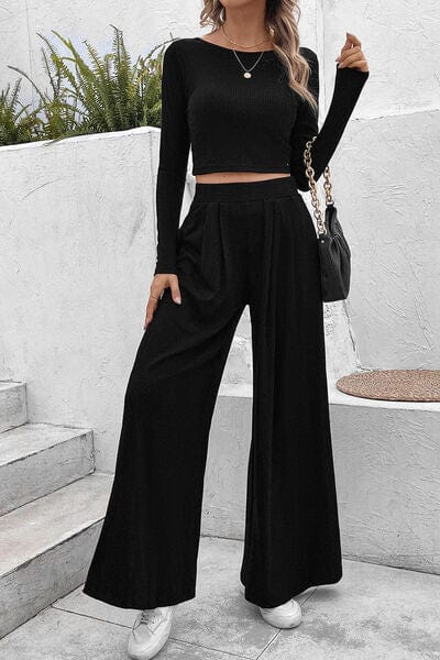 Black Ribbed Round Neck Top and Wide-Leg Pants Set