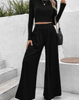 Black Ribbed Round Neck Top and Wide-Leg Pants Set