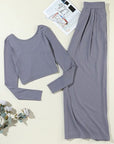 Light Gray Ribbed Round Neck Top and Wide-Leg Pants Set