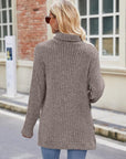 Light Slate Gray Ribbed Turtleneck Long Sleeve Slit Knit Top