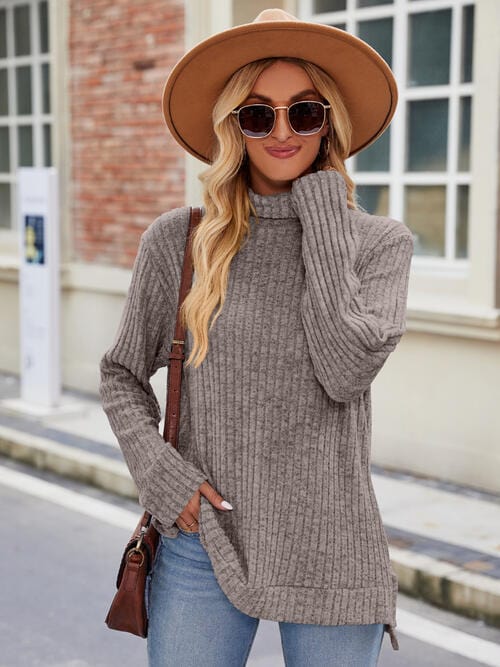 Dark Gray Ribbed Turtleneck Long Sleeve Slit Knit Top