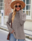 Dark Gray Ribbed Turtleneck Long Sleeve Slit Knit Top