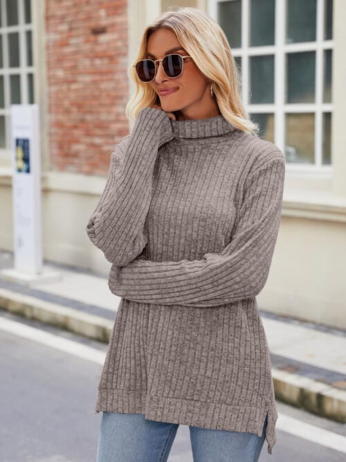 Dark Gray Ribbed Turtleneck Long Sleeve Slit Knit Top