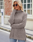 Dark Gray Ribbed Turtleneck Long Sleeve Slit Knit Top