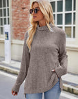 Light Slate Gray Ribbed Turtleneck Long Sleeve Slit Knit Top