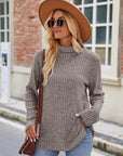 Rosy Brown Ribbed Turtleneck Long Sleeve Slit Knit Top