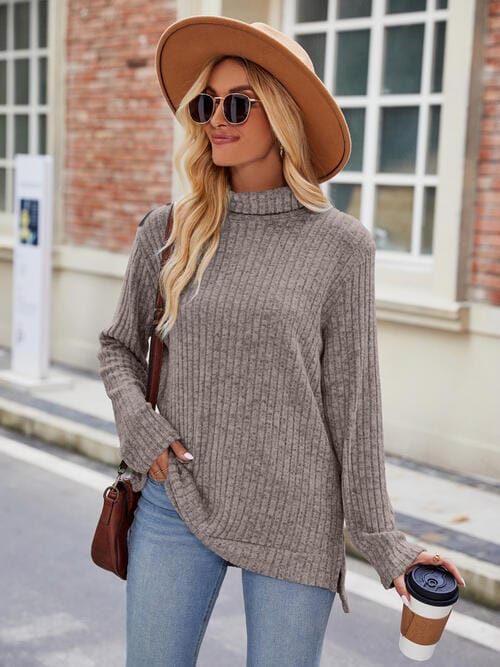 Rosy Brown Ribbed Turtleneck Long Sleeve Slit Knit Top