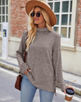 Rosy Brown Ribbed Turtleneck Long Sleeve Slit Knit Top