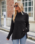 Dark Gray Ribbed Turtleneck Long Sleeve Slit Knit Top