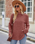 Dim Gray Ribbed Turtleneck Long Sleeve Slit Knit Top