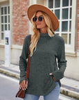 Dark Gray Ribbed Turtleneck Long Sleeve Slit Knit Top