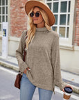 Dark Gray Ribbed Turtleneck Long Sleeve Slit Knit Top