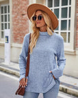 Dark Gray Ribbed Turtleneck Long Sleeve Slit Knit Top