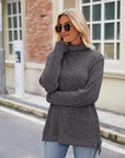 Dark Gray Ribbed Turtleneck Long Sleeve Slit Knit Top