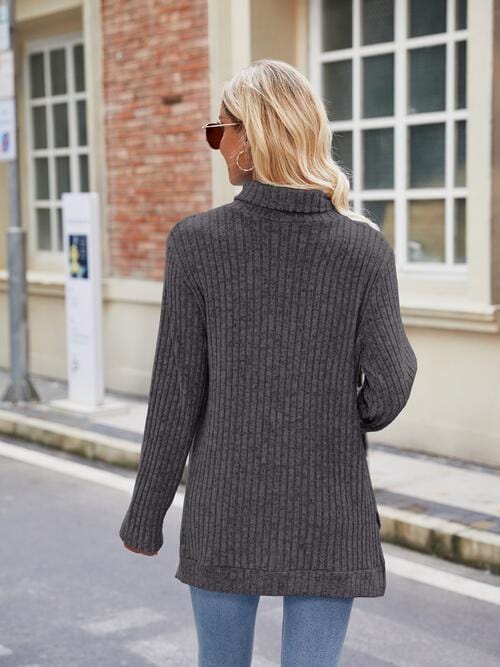 Dark Gray Ribbed Turtleneck Long Sleeve Slit Knit Top