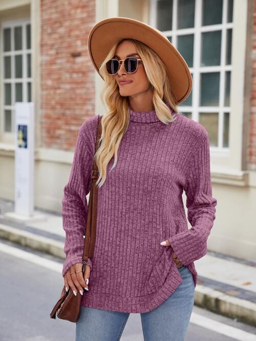 Rosy Brown Ribbed Turtleneck Long Sleeve Slit Knit Top