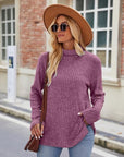 Rosy Brown Ribbed Turtleneck Long Sleeve Slit Knit Top