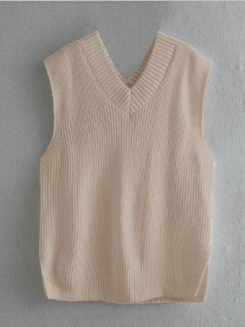 Rosy Brown Ribbed V-Neck Sleeveless Sweater Vest