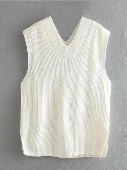 Light Gray Ribbed V-Neck Sleeveless Sweater Vest