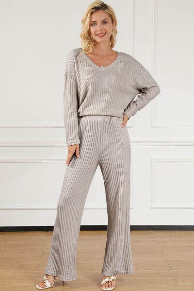 Light Gray Ribbed V-Neck Top and Pants Lounge Set