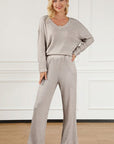 Light Gray Ribbed V-Neck Top and Pants Lounge Set