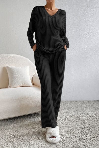 Gray Ribbed V-Neck Top and Pants Lounge Set