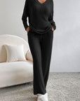 Gray Ribbed V-Neck Top and Pants Lounge Set